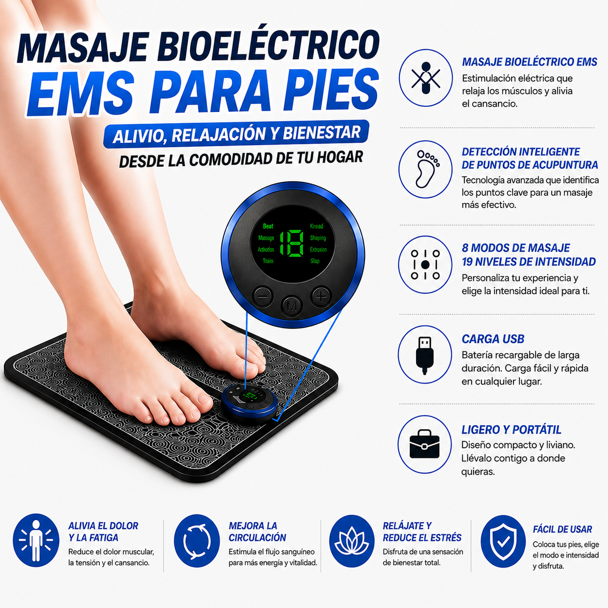 Combo Alivio Total: Terapia Pasiva 8 Electrodos + Tapete Masajeador de Pies